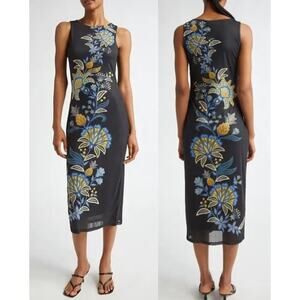 Farm Rio Endless Summer Sleeveless Midi Dress Embroidered Floral Black Sze Small